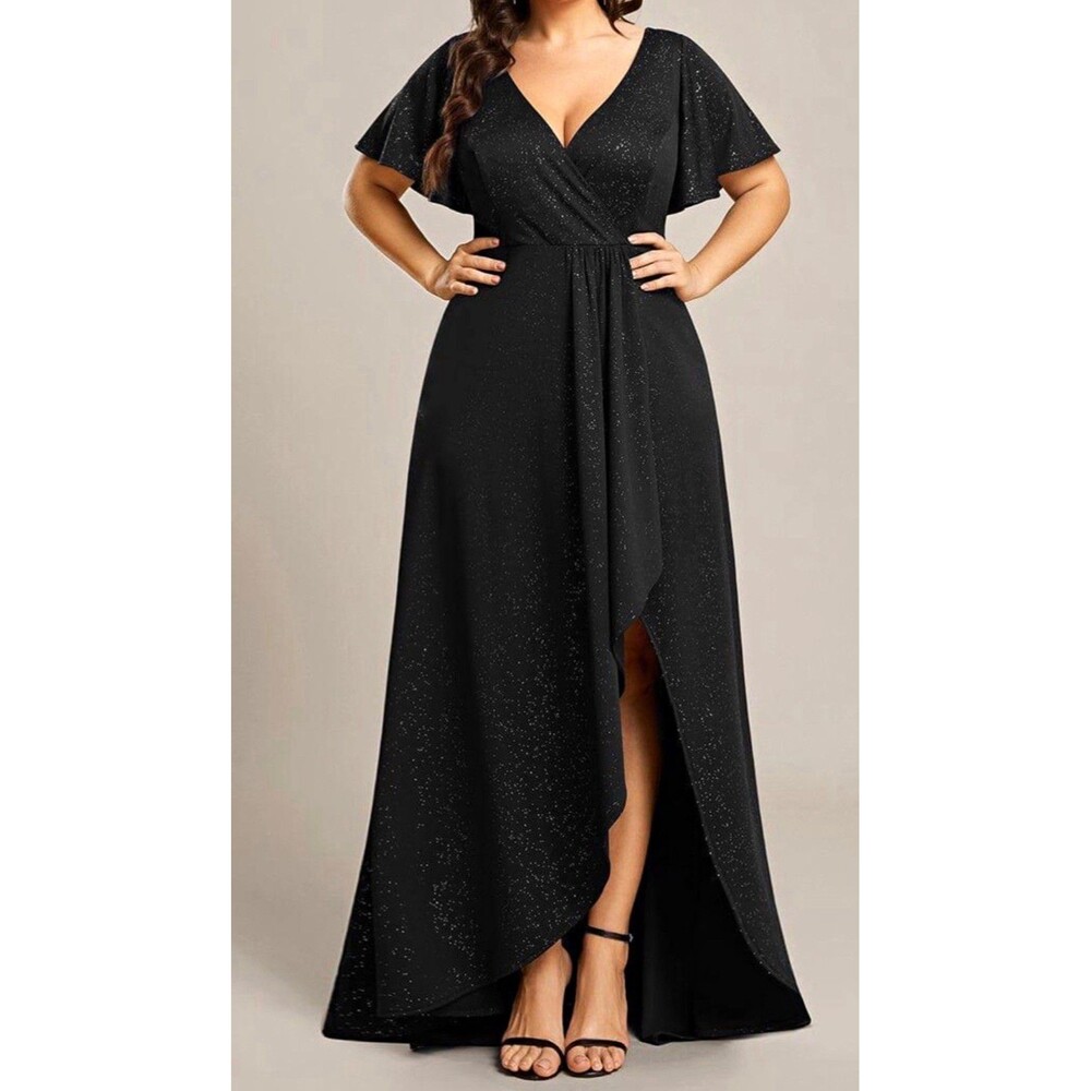 Ever-Pretty Dress Women Size 18 Black Glitter Wrap V-Neck High Low Formal Gown